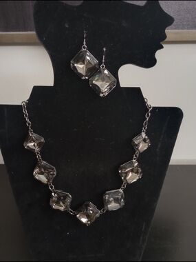 Crystal Square Drop Necklace & Earrings Set - Silver Tone